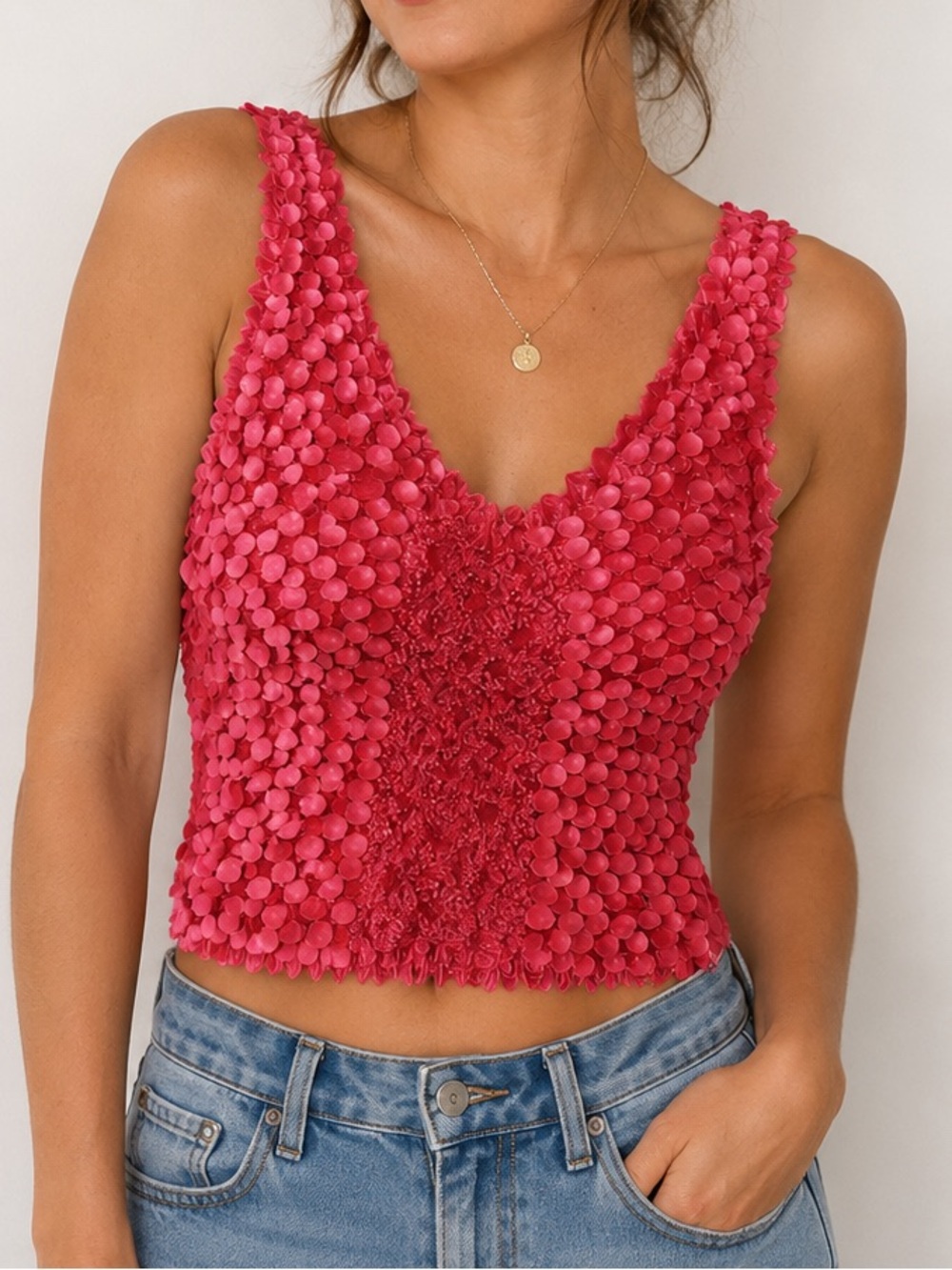 Women's Pink Textured Sequin Crop Top